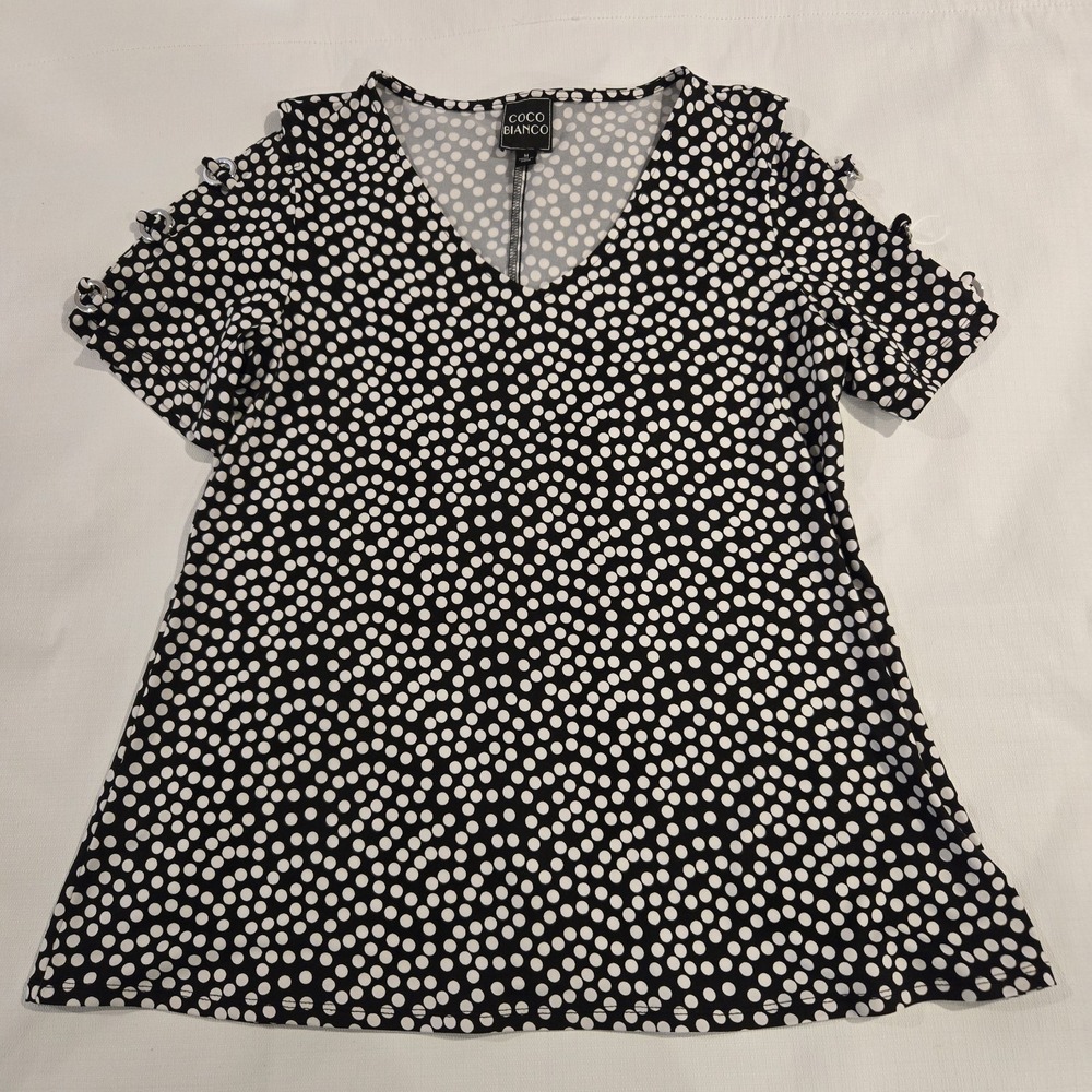COCO BIANCO Ladies Blouse Size M Black w/ White Dots Peek-a-Boo Short Sleeves